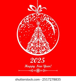 Happy new year 2025! Christmas and New Year card. Celebration red background with Christmas ball, Christmas tree and place for your text. Ball with ribbon. Sale. Vector Illustration