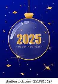 Feliz Ano Novo 2025 fundo Natal decorações de Natal bola transparente pendurado em um dourado