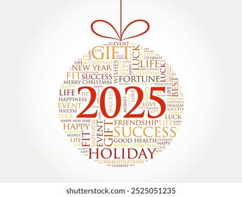 Happy New Year 2025, Christmas ball word cloud, holidays lettering collage