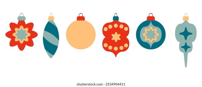 Happy New year 2025 Christmas ornaments clipart collection. Perfect for banner, flyer, label, postcard, sale, stickers. Retro style vector illustration.


