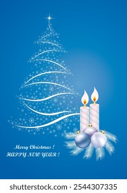 Happy New Year 2025. Christmas background with burning candles on pine branches with fir balls on blue background with Christmas tree. Vector illustration.