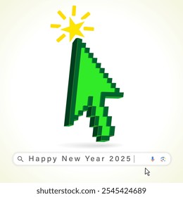 Feliz año Nuevo 2025, árbol de Navidad como flecha del cursor y búsqueda de Web. Puntero del cursor del ratón del ordenador con una flecha como un árbol de Navidad verde con una estrella. Ilustración vectorial