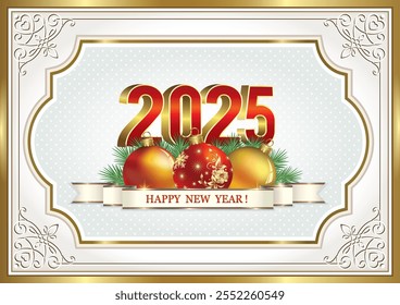 Happy New Year 2025. Christmas background with numbers 2025 on the background of balls and fir branches in frame with pattern. Vector illustration