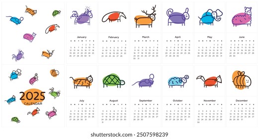 Feliz año Nuevo 2025. Calendario mensual clásico. Ilustración de dibujos animados de animales domésticos y forestales. Unicornio, oso hormiguero, ciervo, perro, elefante, alpaca, tigre, tortuga, ratón, carnero, zorro, abeja. Regalo de Navidad