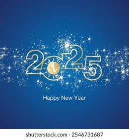 Happy New Year 2025 Uhr Countdown Laden Licht funkeln Feuerwerk golden weiß blau Farbe Vektor Logo Symbol