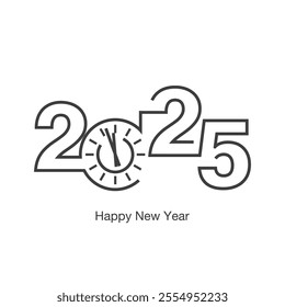 Happy New Year 2025 clock countdown black line design numbers on white isolated background vector logo icon