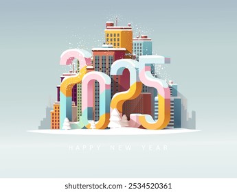 Happy New year 2025. Colored Cityscape with big numbers.