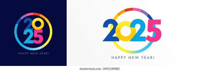 Happy new year 2025, colorful round typography logo design. Color chart with numbers 2025 for business concept or annual report. Vector illustration for seasonal holiday or calendar cover