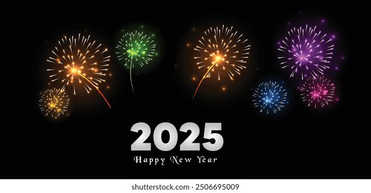 Happy New Year 2025 colorful fireworks at dark night sky vector poster