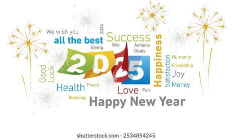 Happy New Year 2025 colorful word cloud text and 2025 calendar pages silver orange light sparkle firework white isolated background vector