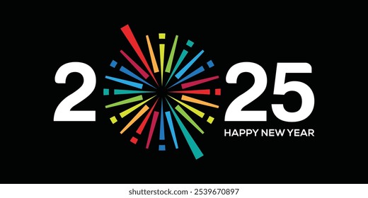 Feliz año Nuevo 2025, fuegos artificiales coloridos, tipografía de fuentes de texto, Inspiración de diseño de logotipos.