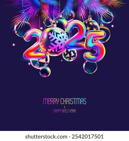 Happy New Year 2025. Colorful numerical design with iridescent Christmas decoration and fir branches. Greeting card design.