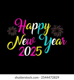 Happy new year 2025 colorful text vector design on black background.