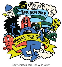 Happy New Year 2025 colorful doodle art. , Cute hand drawn doodles , Illustration Vector