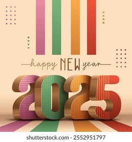 Happy New Year 2025 bunter quadratischer Banner, 2025 3D goldene Illustration mit geometrischen Mustern und Happy New Year Kalligrafie Text