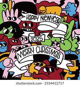 Happy New Year 2025 colorful doodle art. , Cute hand drawn doodles , Illustration Vector