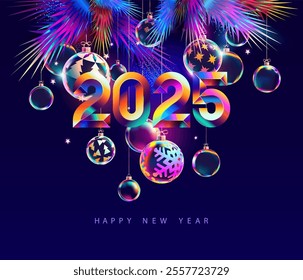 Happy New Year 2025. Colorful numerical design with iridescent Christmas decoration and fir branches. Greeting card design. 