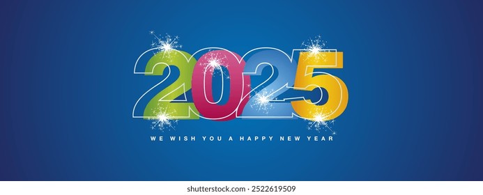 Happy New Year 2025 colourful greeting card design template on blue background. New Year 2024 concept with neon light line sparkler firework on blue background