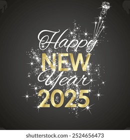 Happy New Year 2025 in combination of handwriting and monospace typography. Stardust, open champagne and Firework for New Year 2025 on black background