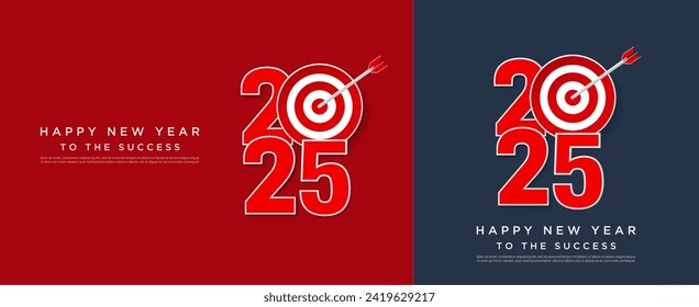 Happy New Year 2025 concept. Greeting card and round target with arrow. New goals for 2025 year success. set of 2025 background.