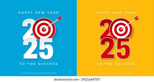 Happy New Year 2025 concept. Greeting card and round target with arrow. New goals for 2025 year success. set of 2025 square background.