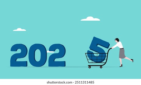 happy new year 2025 concept design with Illustration of a woman carrying the number 5 using a shopping basket to compose the year 2025, business opportunity in 2025, new year business strategy