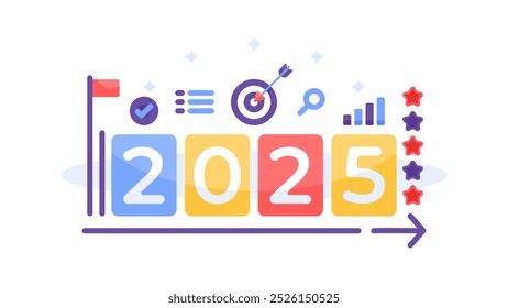 happy new year 2025 concept. business targets, resolutions and goals for next year. illustration of number 2025 with arrow board symbol, flag, star, tick, graph. flat style design. poster elements