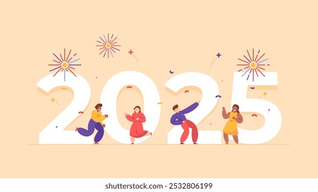 happy new year 2025 concept. celebrating new year's eve. fireworks party celebration, event, or festival. illustration of people dancing and having fun at new year's eve party. flat style design