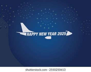 Happy New year 2025 concept travel on the blue background below with plane vector illustration. Vector drawing by passenger airplane new year concept.