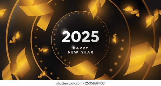 Feliz año Nuevo 2025. Confeti y más. Ideal para tarjetas, Anuncios, carteles, redes sociales y más. Fondo negro.