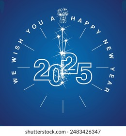 Happy New Year 2025 countdown. Clock or speedometer shape with sparkle firework white line design shining numbers on blue background. New Year 2025 greeting card