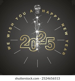 Happy New Year 2025 countdown. Clock or speedometer shape with sparkle firework golden color line design shining numbers on black background. New Year 2025 greeting card