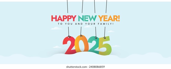 Happy New Year 2025 cover banner. New year 2025 celebration banner with colourful numbers. New year cover banner template. 