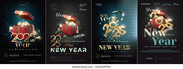 Feliz Año Nuevo 2025 Cartel de diseño de portada. Con la ilustración de relojes 3D estilo de fantasía realista con colores fuertes. Diseño vectorial premium para celebraciones e invitaciones.