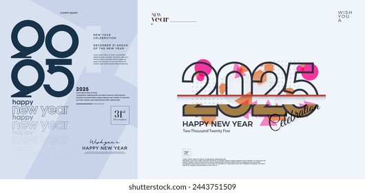 Happy New Year 2025 cover poster. Unique and modern number design. Clean and beautiful color design. 2025 new year celebration vector premium design.