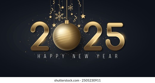 Happy New Year 2025 cover. Golden numbers with Christmas decoration and confetti on dark background. Festive greeting card for your design. Vector illustration.