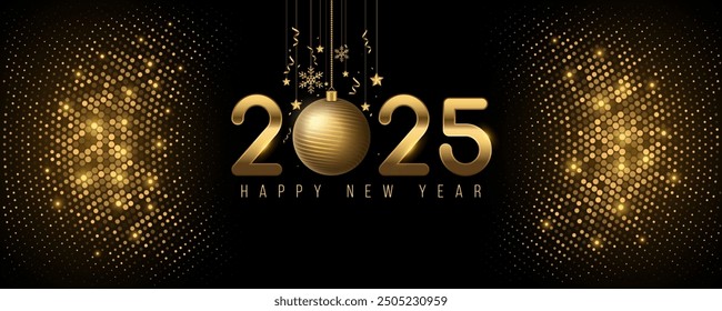 Happy New Year 2025 cover. Golden numbers with Christmas decoration and confetti on glittering background of glowing dots. Holiday greeting card for your design. Vector illustration.