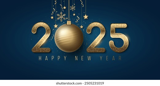 Happy New Year 2025 cover. Golden numbers with Christmas decoration and confetti on dark blue background. Holiday greeting card for your design. Vector illustration.