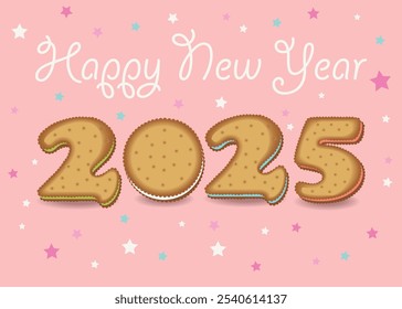 Happy New Year 2025 Cream-Filled Cookie Number. A festive illustration of a cream-filled cookie number 2025 on a pink background with stars and white cream inscription. Perfect for New Year's greeting