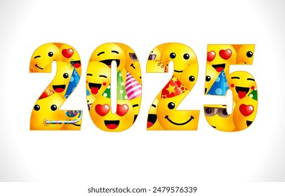 Happy New Year 2025 creative congrats, web poster concept. Blogging timeline story concept with set of 3D yellow characters. Background with clipping mask. Greetings for followers subscribers and fans
