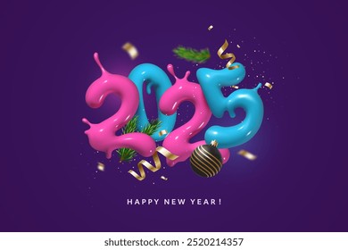 Gelukkig nieuwjaar 2025. Creatief kleurrijk nummer 2025 in 3D-stijl met vallende confetti en kerstversieringen. Geïsoleerd op donkerpaarse achtergrond. Creatief typografisch ontwerp. Vectorillustratie