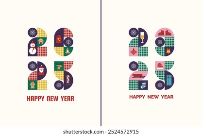 Happy new year 2025 creative text design with snowman, Santa Claus, Christmas tree and gifts. Modern geometric numbers design concept for postcard, invitation, poster, and flyer.