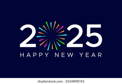Happy New Year 2025 kreatives Logo oder Typografie-Design mit mehrfarbigen Feuerwerken Happy New Year Party Feier Grafikvorlage oder Vektorgrafik-Design mit lebendigem Feuerwerk