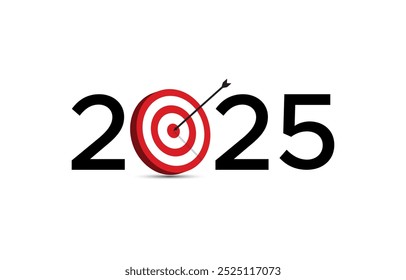 Frohes neues Jahr 2025 kreative Typografie mit Ziel oder Bullseye Neues Jahr 2025 Ziel oder Ziel Konzept Vektor Logo 2025 Logo Konzept mit Pfeil und Bullseye oder Ziel