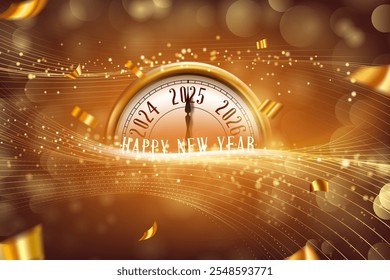 happy new year 2025 creative celebration banner design with clock illustration on golden background