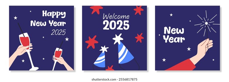 Happy New Year 2025, creative template set with drinks, firework, hat or cap on blue background. Cartoon Vector illustration for Poster, Banner, Greeting, Card, Flyer, Cover, Post. New year party.
