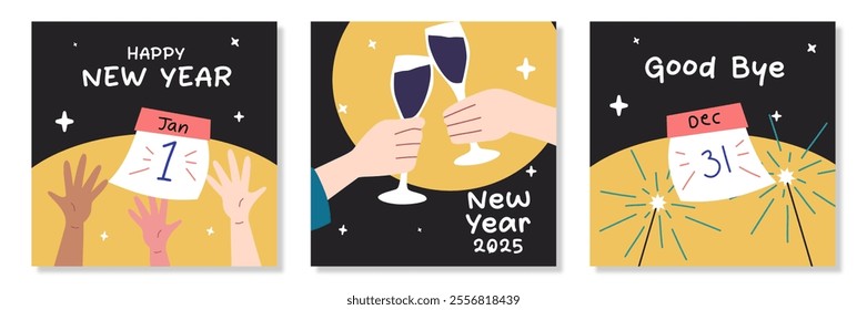 Happy New Year 2025, creative template set with drinks, firework, star, yellow, black background. Cartoon Vector illustration for Poster, Banner, Greeting, Card, Flyer, Cover, Post. New year party.