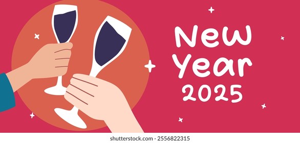 Happy New Year 2025, creative template with drinks, star and text, red color horizontal background. Cartoon Vector illustration for Poster, Banner, Greeting, Card, Flyer, Cover, Post. New year party.