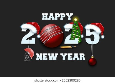 Happy new year. 2025 with cricket ball. Numbers in Christmas hats with cricket helmet and Christmas tree ball. Original template design for greeting card. Vector illustration on isolated background