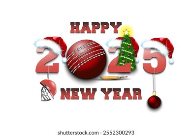 Happy new year. 2025 with cricket ball. Numbers in Christmas hats with cricket helmet and Christmas tree ball. Original template design for greeting card. Vector illustration on isolated background